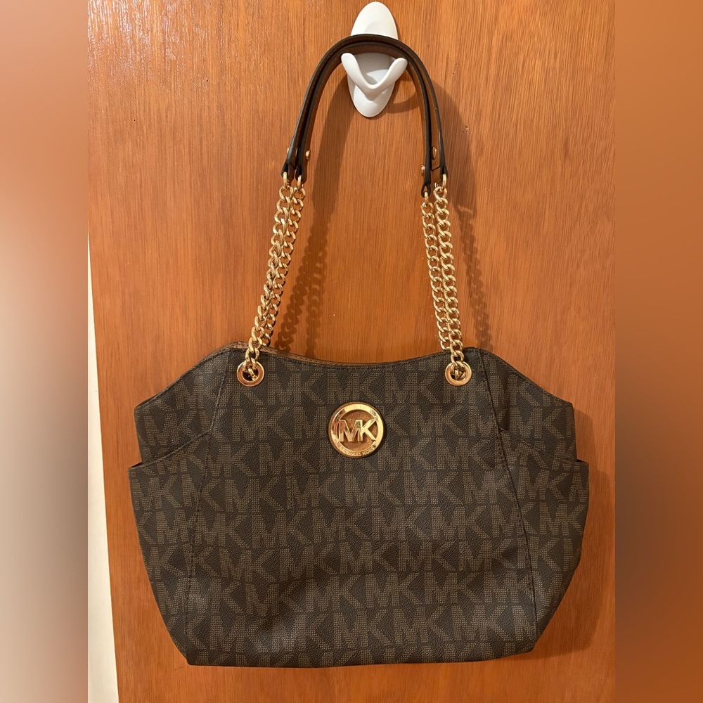 Michael Kors Dark Brown Shoulder Bag with Gold Accents